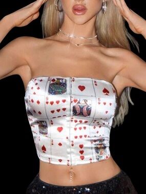♥️♠️♦️♣️VEGAS READY White Playing Card Print Strapless Stretchy CORSET, Size S